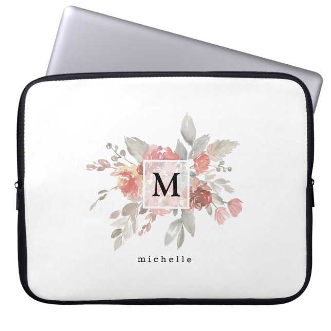 Elegant dammig rosa grå blomma monogram laptop fodral (Framsidan)