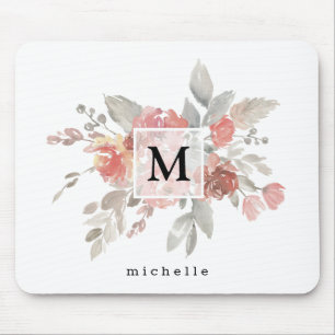 Elegant dammig rosa grå blomma monogram musmatta