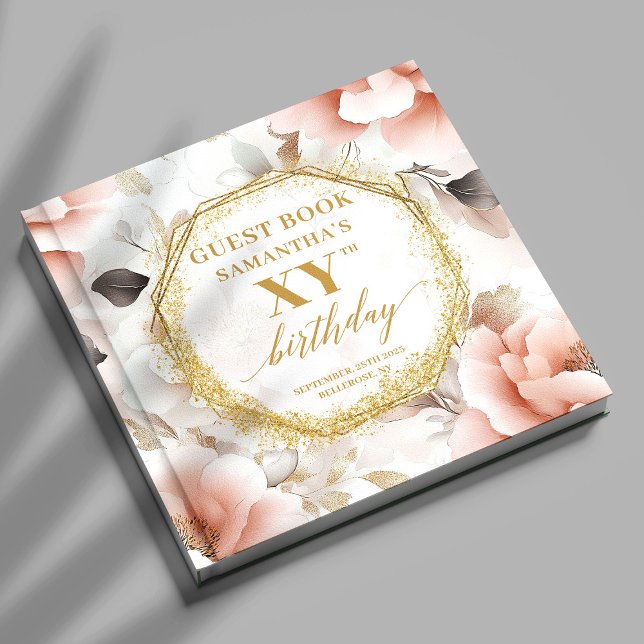 Elegant dammig rosa guld vattenfärgsfödelsedag anp gästböcker (Elegant dusty pink gold watercolor custom birthday Guest Book)
