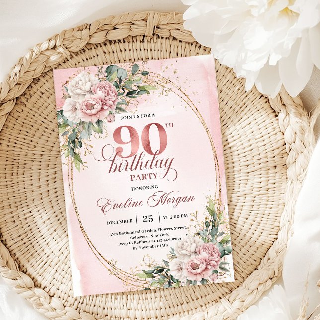 Elegant dammig rosa guldgrönska 90-årsdag  inbjudningar (Elegant Dusty Pink Gold Greenery 90th Birthday Invitation

)