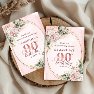 Elegant dammig rosa guldgrönska 90-årsdag tack kort