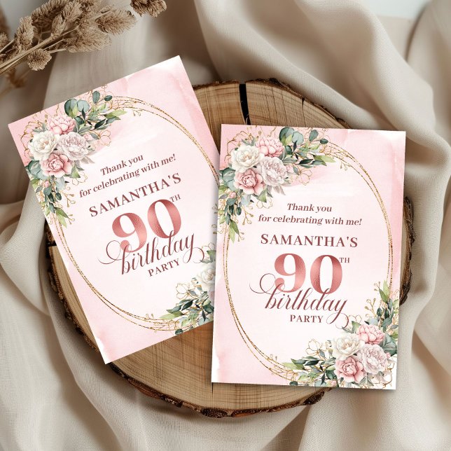 Elegant dammig rosa guldgrönska 90-årsdag  tack kort (Graceful Dusty Pink Gold Greenery 90th Birthday Thank You

)