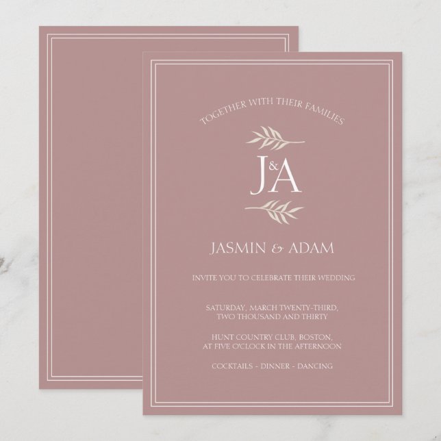 Elegant dammig rosa monogram bröllop  inbjudningar (Fram/baksida)