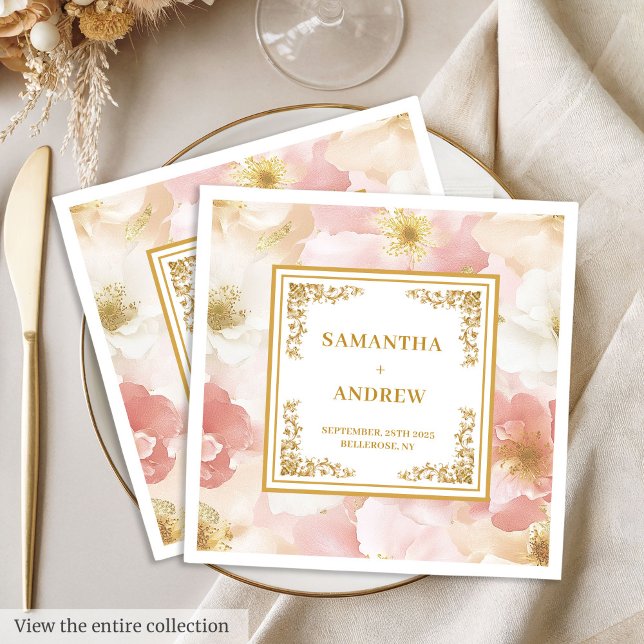 Elegant dammig rosa napkins av elfenben blommigt b pappersservett (Elegant dusty pink ivory floral wedding napkins)