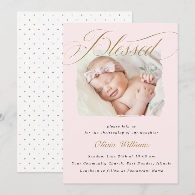 Elegant dammig rosa pastell skript dop foto  inbjudningar (Fram/baksida)