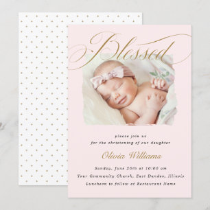 Elegant dammig rosa pastell skript dop foto  inbjudningar