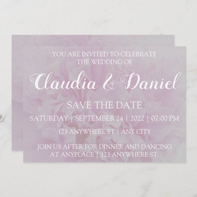 Elegant dammig rosa peonblom spara datum inbjudningar (Fram/baksida)