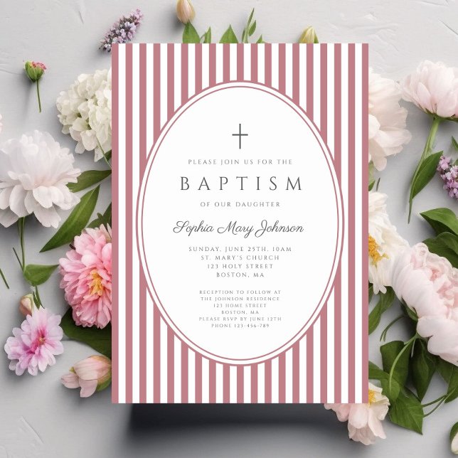 Elegant dammig rosa randig flicka dop inbjudningar (Elegant Dusty Pink Stripes Girl Baptism Invitation)