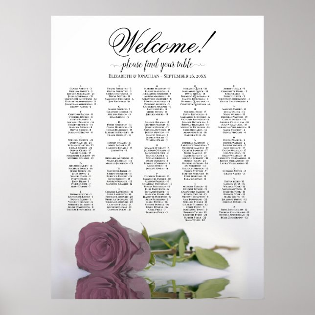 Elegant dammig rosa ros alfabetisk sittplan poster (Framsidan)