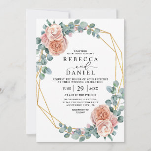 Elegant dammig rosa ros och guldbestämda blomsterb inbjudningar