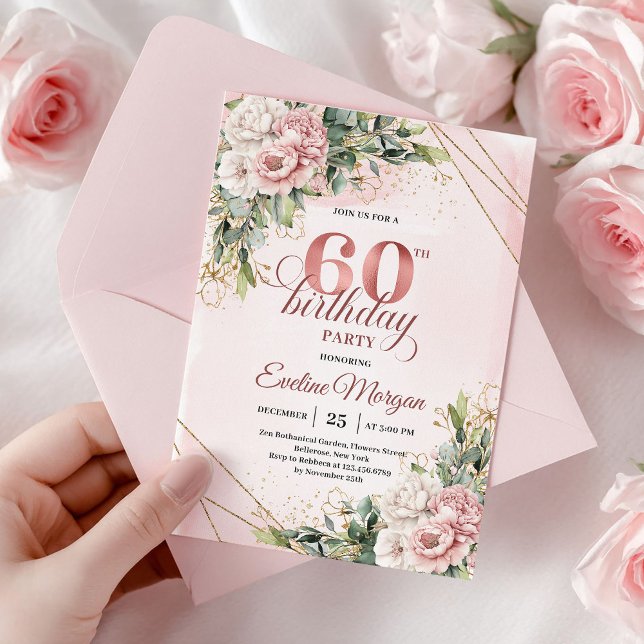 Elegant dammig rosa roséguld 60-års födelsedagsinb inbjudningar (Elegant Dusty Pink Rose Gold 60th Birthday Invite)