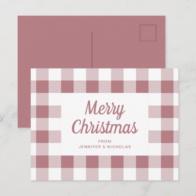 Elegant dammig rosa rutig God Jul Vykort (Fram/baksida)