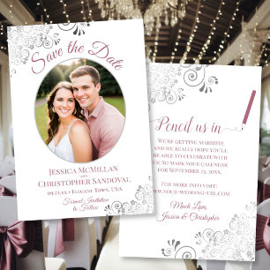 Elegant dammig rosa & silver oval fotobryllop spara datumet