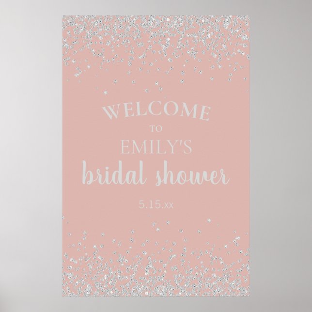 Elegant dammig rosa silverkonfetti bröllopsdusch poster (Framsidan)