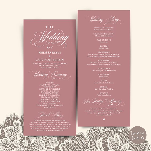 Elegant dammig rosa skript bröllopsceremoni program (Elegant Dusty Rose Pink Script Wedding Ceremony Order Program Card)