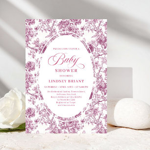 Elegant dammig rosa Toile Rosor Bebis Shower Inbju Inbjudningar