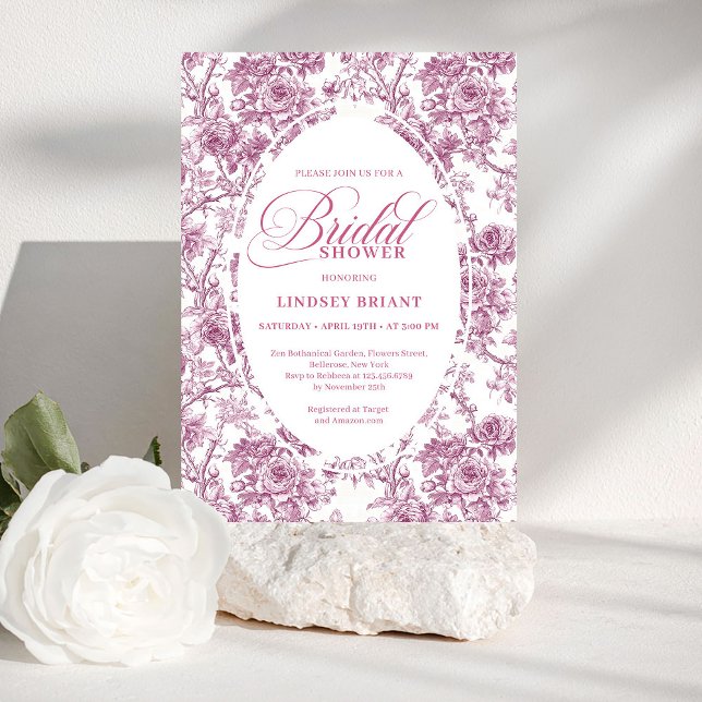 Elegant dammig rosa Toile Rosor Bröllopsdusch Inbj Inbjudningar (Elegant Dusty Pink Toile Roses Bridal Shower Invite)