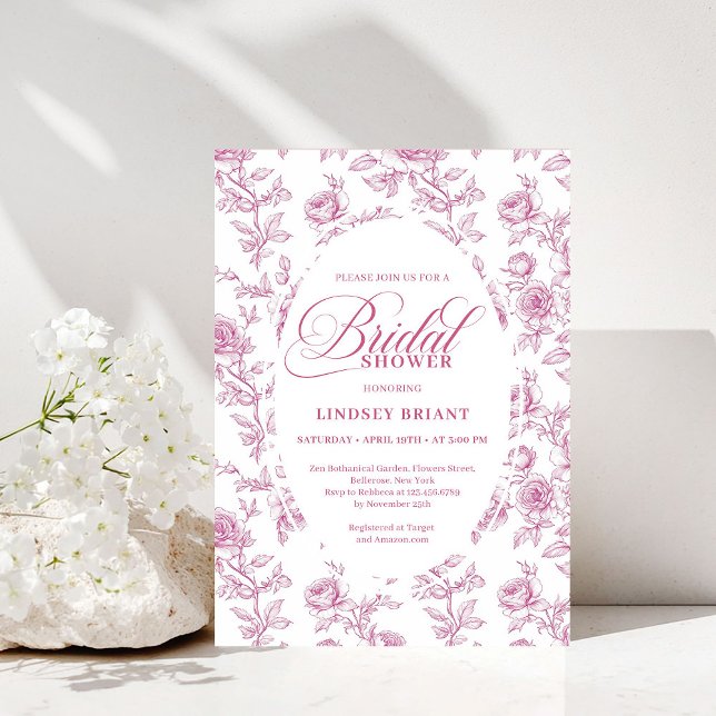 Elegant dammig rosa Toile Rosor Bröllopsdusch Inbjudningar (Elegant Dusty Pink Toile Roses Bridal Shower Invitation)