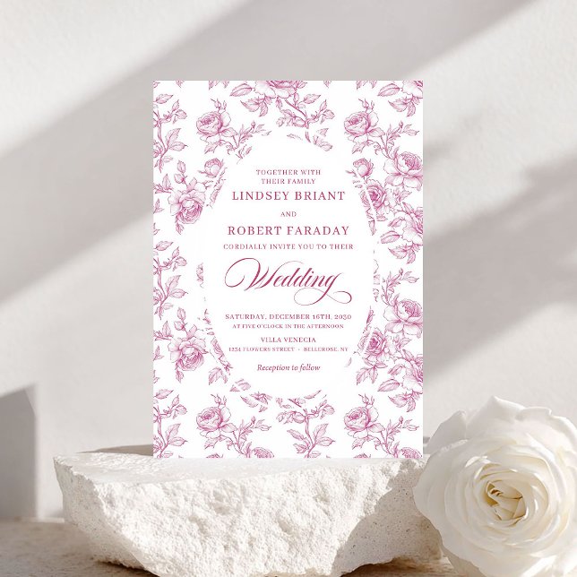 Elegant dammig rosa Toile Rosor Bröllopsinbjudan Inbjudningar (Elegant Dusty Pink Toile Roses Wedding Invitation)