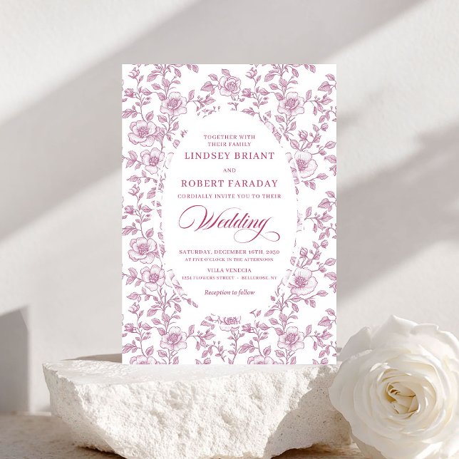Elegant dammig rosafärgad blommig toile bröllopsin inbjudningar (Elegant Dusty Rose Floral Toile Wedding Invitation)