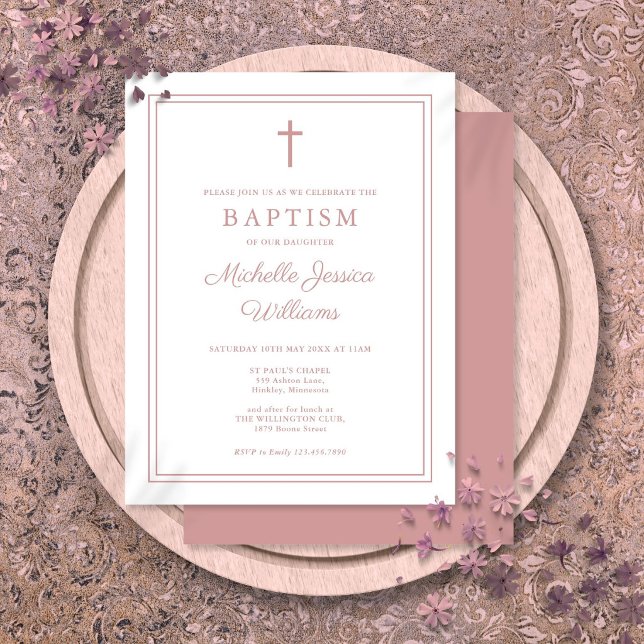 Elegant dammig rosaröd kant dop inbjudan (Elegant Dusty Rose Pink Border Baptism Invitation Postcard)