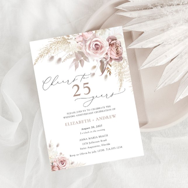 Elegant dammig rosblommig 25-års bröllopsdag inbjudningar (Skapare uppladdad)
