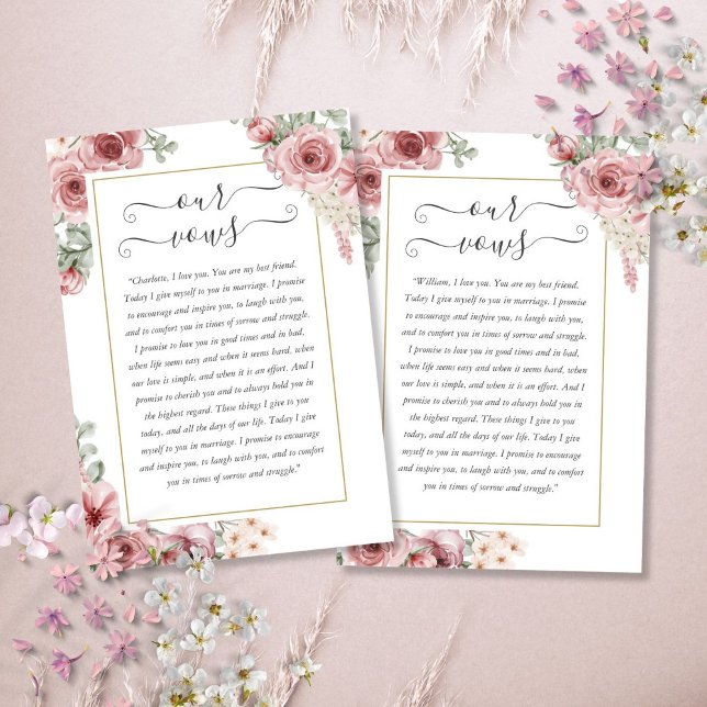 Elegant dammig rosblommig bröllopslöfte-kort meddelande (Elegant Dusty Rose Floral Wedding Vows Card)