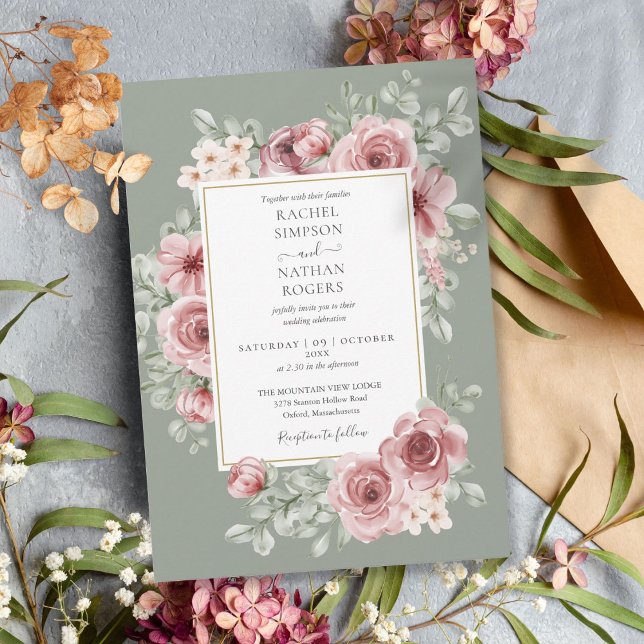 Elegant dammig rosblommig salviagrönt bröllop inbjudningar (Elegant Dusty Rose Floral Sage Green Wedding Invitation)