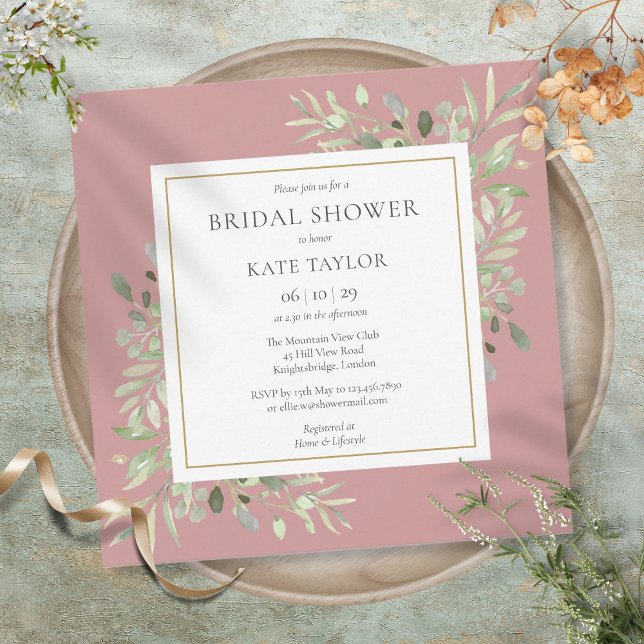 Elegant dammig rosengrönska bröllopsbrudslutsfest inbjudningar (Elegant Dusty Rose Greenery Wedding Bridal Shower Invitation)