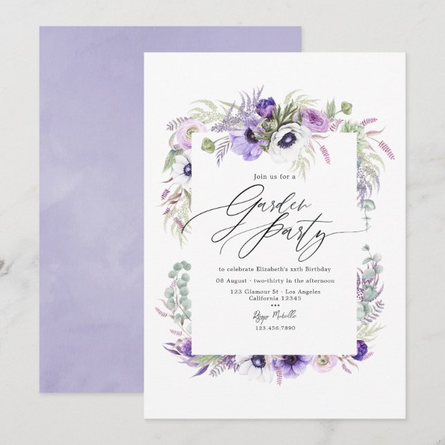 Elegant Dammig Violett Blommig Trädgårdsfest Inbjudningar (Fram/baksida)