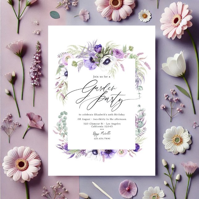 Elegant dammig violett blomsterträdgårdsfest inbjudningar (Elegant Dusty Violet Floral Garden Party Invitation)