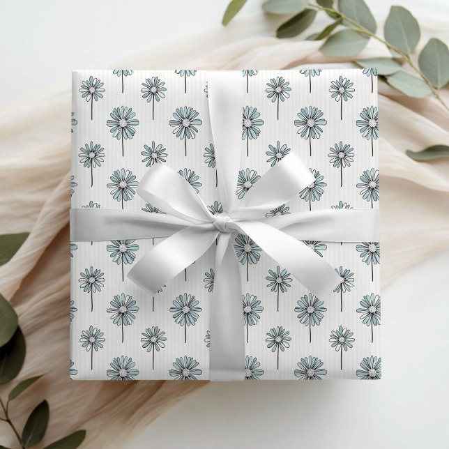 Elegant dammiga blå tusensköna blommor blomsterinp presentpapper (Elegant Dusty Blue Daisies Floral Wrapping Paper)