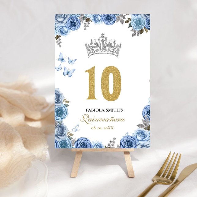 Elegant dammiga blått och guld quinceanera bordsnummer (Skapare uppladdad)
