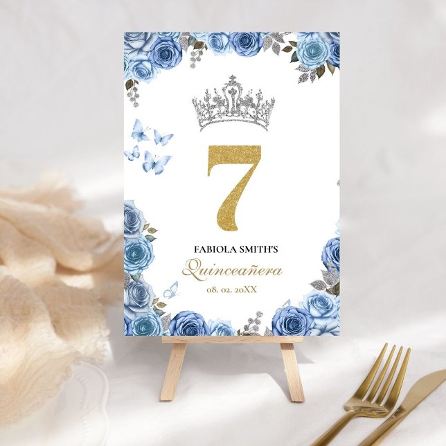 Elegant dammiga blått och guld quinceanera bordsnummer (Skapare uppladdad)