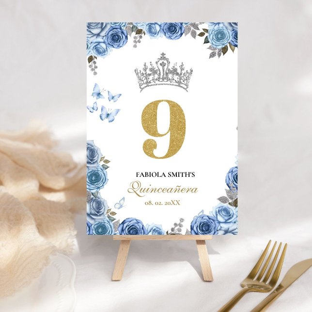 Elegant dammiga blått och guld quinceanera bordsnummer (Skapare uppladdad)