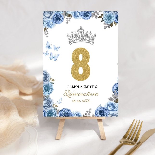 Elegant dammiga blått och guld quinceanera bordsnummer (Skapare uppladdad)