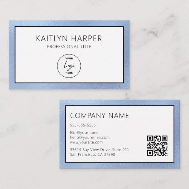 Elegant dammigt blå folie kantad logotyp QR-kod Visitkort (Fram/baksida)