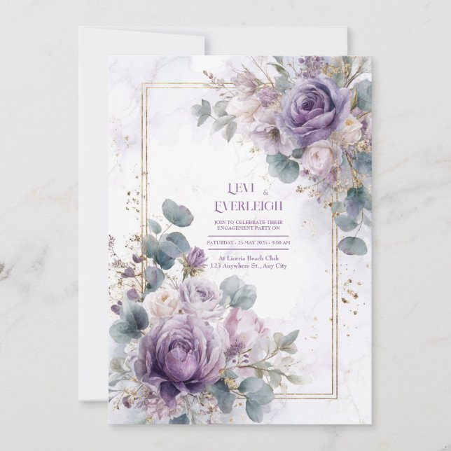 Elegant Dammlila Ros Eukalyptus Guld Marmor Inbjudningar (Framsida)