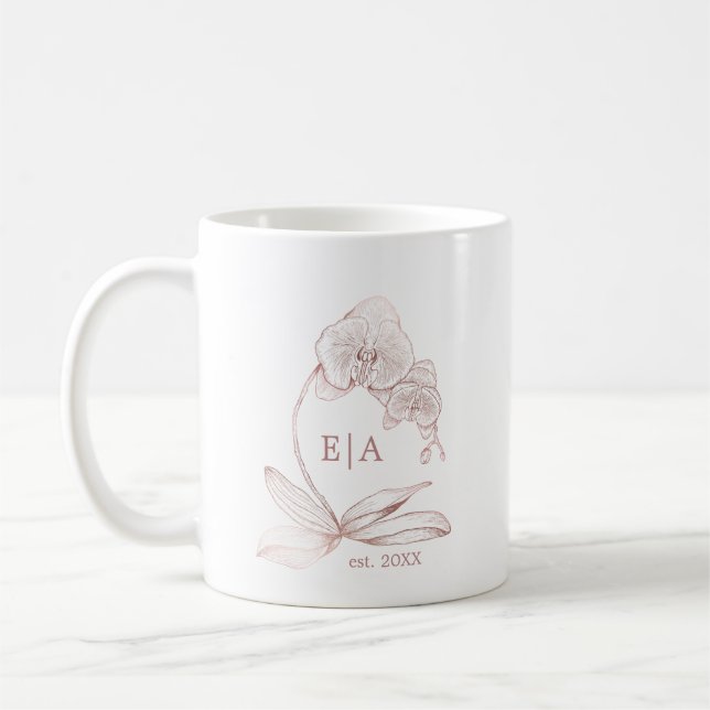 Elegant dammrosa orkidémonogram bröllop kaffemugg (Vänster)