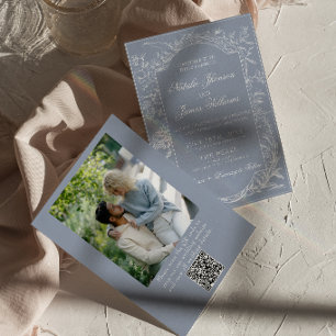 Elegant Dammtor Blue Blommig QR-kod Foto Bröllop Inbjudningar