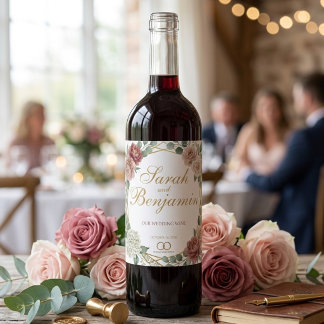 Elegant Dammtrosa Geometrisk Blommig Akvarell Vinflaska Etikett