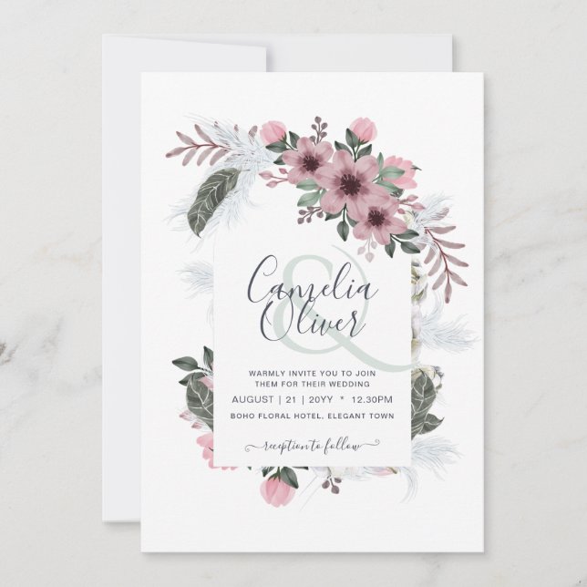Elegant Damrosa Et-tecken Blommig Båge Bröllop Inbjudningar (Framsida)