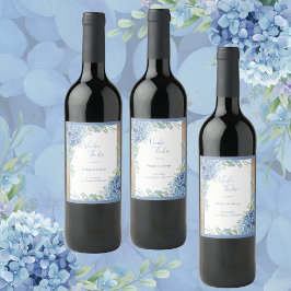 elegant damsty Blue Hydrangea bröllop Vinflaska Etikett