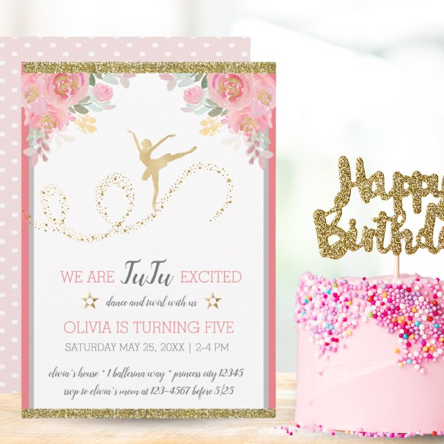 Elegant Dancer | Rosa Blommigt Girl Födelsedagsfes Inbjudningar (Elegant Dancer | Pink Floral Girl Birthday Party Invitation)