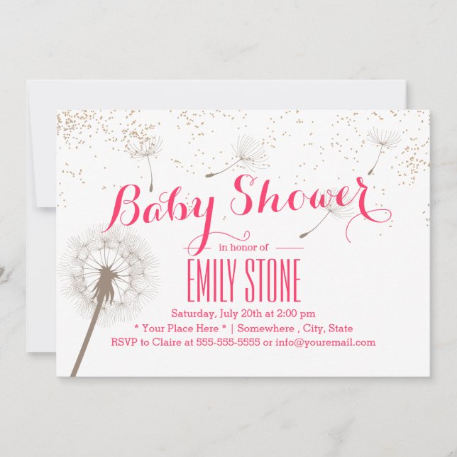 Elegant Dandelion Blowing Rosa Baby Shower Inbjudningar (Framsida)