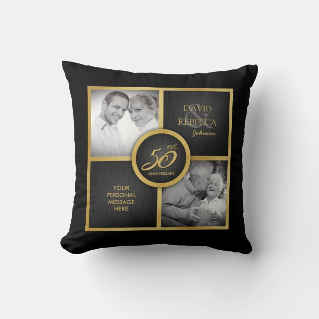 Elegant "därefter och nu" svart- och för guld 50th kudde (Framsida)