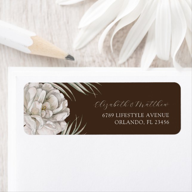 Elegant Dark Brown & Floral Wedding Returadress Etikett (Insitu)