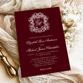 Elegant Dark Burgundy Monogram Crest Wedding Inbjudningar