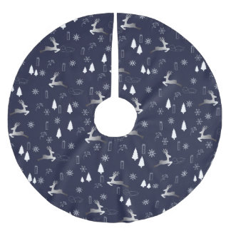 Elegant Dark Christmas TreeSkirt w Silver Reindeer Julgransmatta Borstad Polyester