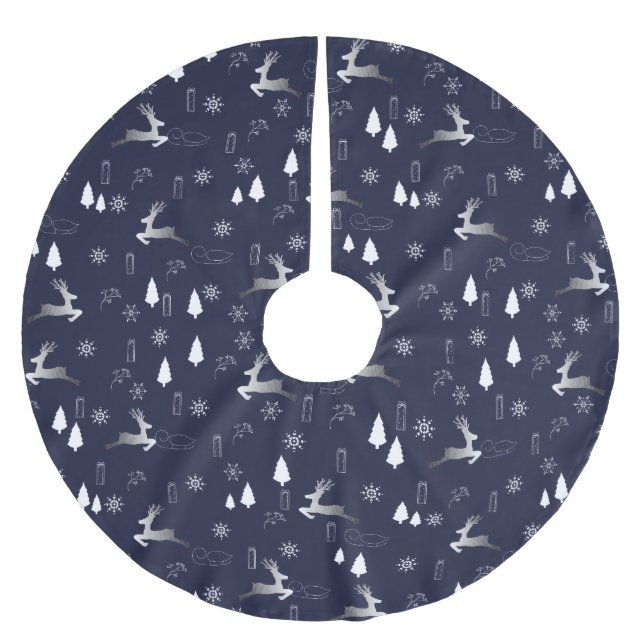 Elegant Dark Christmas TreeSkirt w Silver Reindeer Julgransmatta Borstad Polyester (Framsidan)